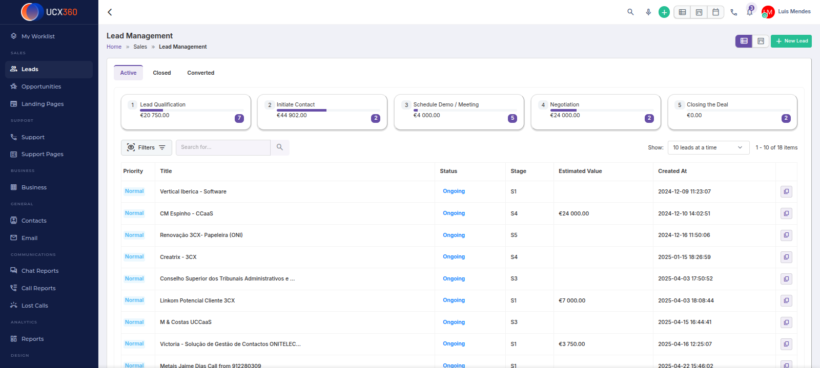 UCX360 Leads & CRM — pipeline and contact management