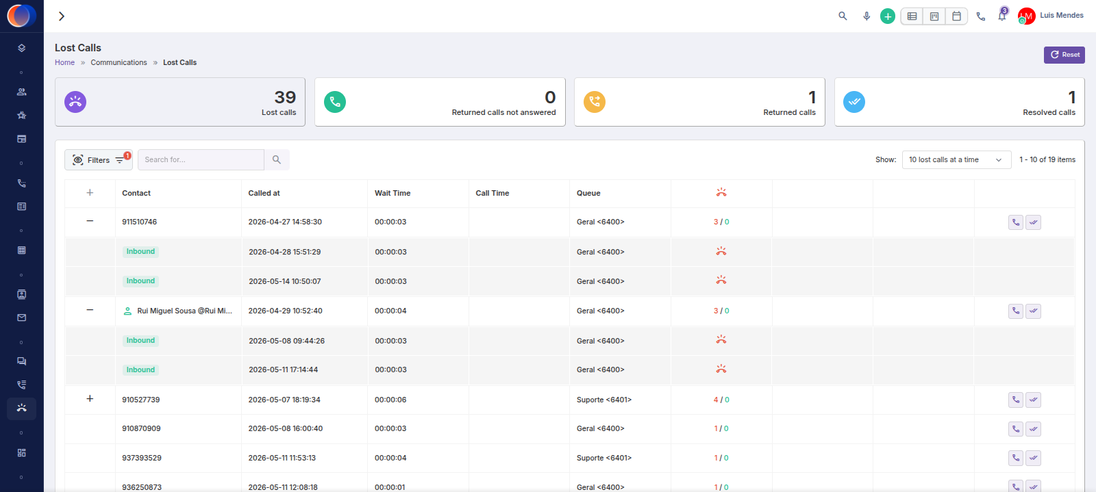 UCX360 Lost Calls — missed call tracking and follow-up